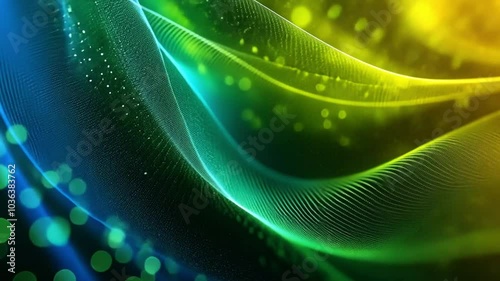 Green and yellow flowing light waves in a futuristic digital abstract background