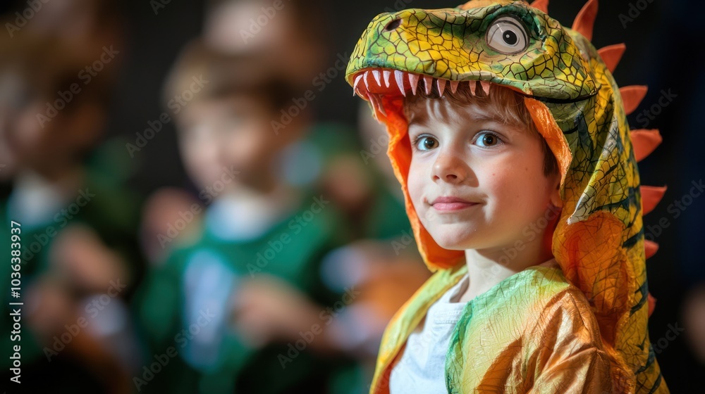 A child dressed as a dinosaur during a school play, illustrating creativity and fun in education