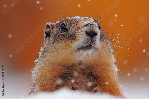 Close-Up of a Frost-Covered Groundhog Peeking Out of Snow with Falling Snowflakes and a Warm Orange Glow, High-Resolution Winter Wildlife Photography 