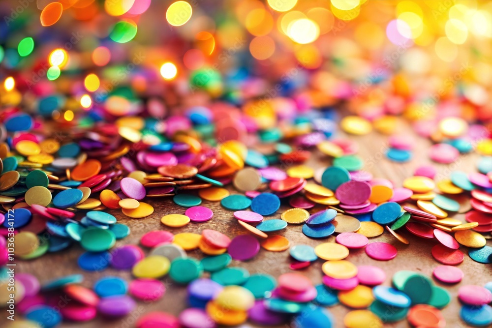 Colorful confetti on wooden surface with lights Colorful confetti on wooden surface with lights