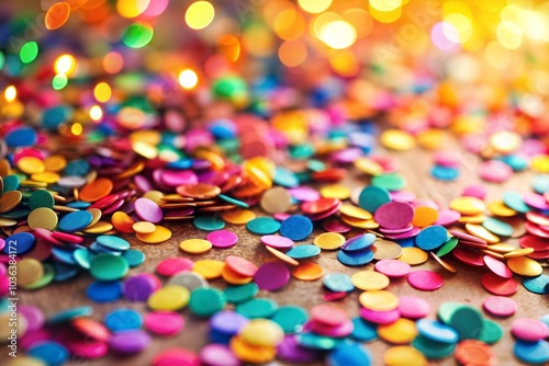 Colorful confetti on wooden surface with lights