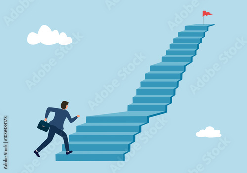 Stair to success, career path or step to achieve business target, ladder of success concept. Businessman running up stair to reach goal.