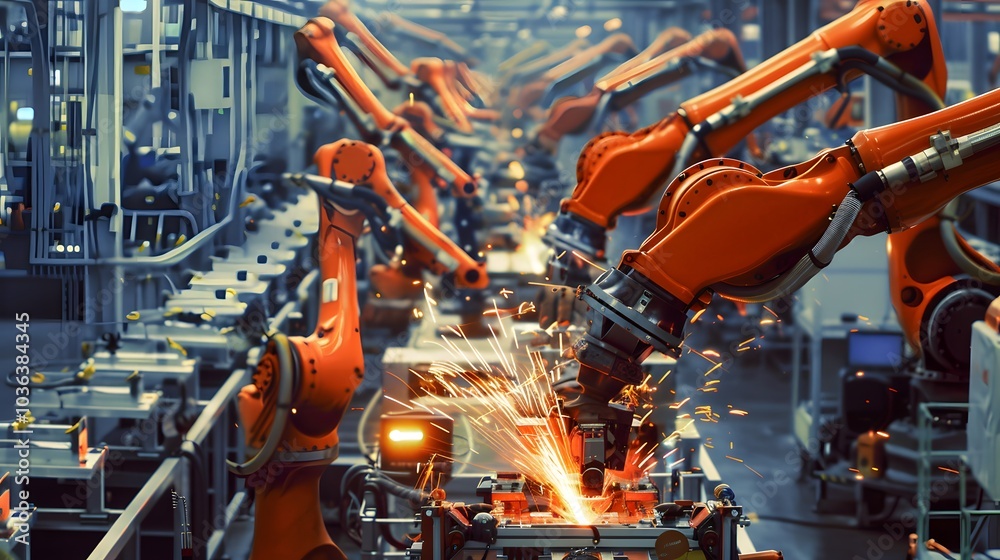 Two robots are working on a piece of metal, with sparks flying from the welding process. Concept of industry and productivity, as the robots are working together to create something new