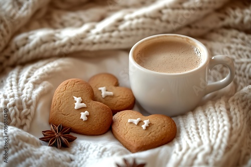 A beautiful cup of hot chocolate with gingerbread cookies on the side, with golden decorations and silver accents, in an elegant setting, with snowflakes and a white tablecloth photo