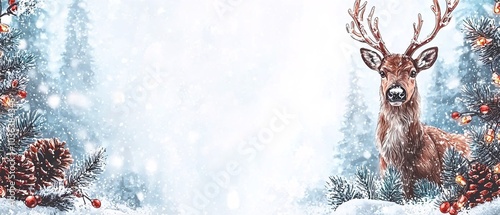 Winter Wonderland Scene with Deer and Snowy Forest