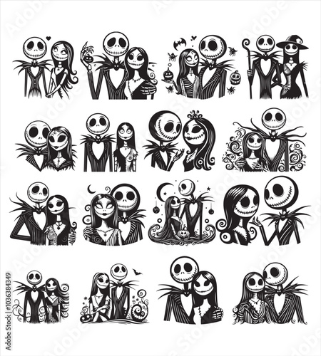 Jack and sally halloween silhouette vector