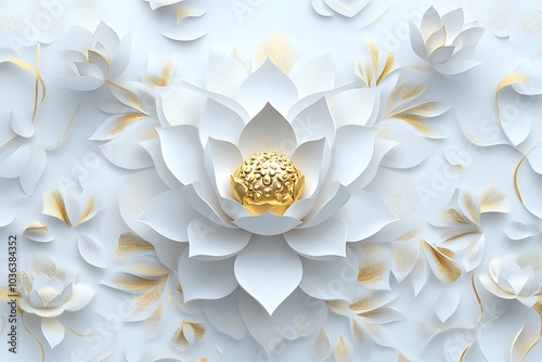 Elegant White and Gold Lotus Paper Art Design,A stunning lotus flower crafted with intricate paper art. Features a serene blend of white and gold for a luxurious look. Perfect for themes of peace,