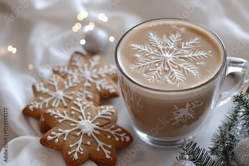 A beautiful cup of hot chocolate with gingerbread cookies on the side, with golden decorations and silver accents, in an elegant setting, with snowflakes and a white tablecloth photo