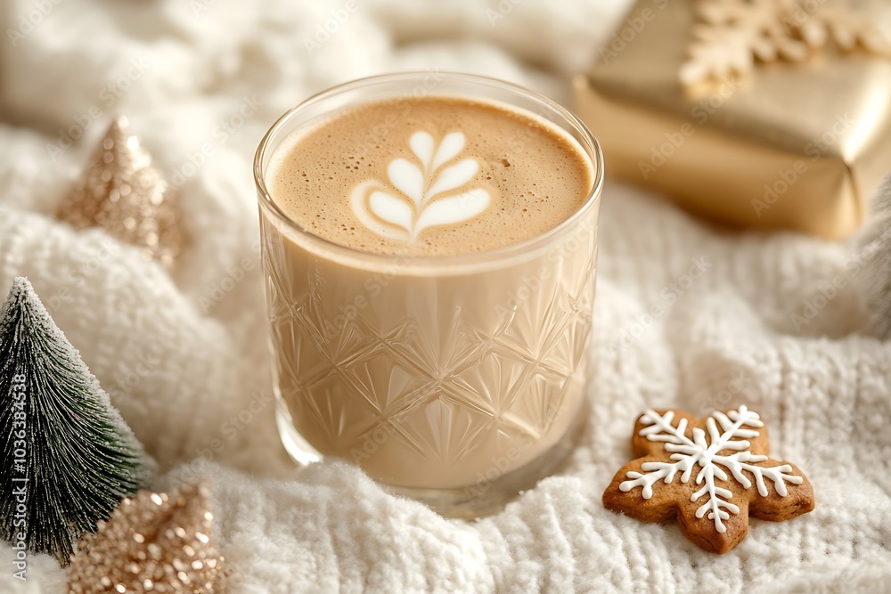 A beautiful cup of hot chocolate with gingerbread cookies on the side, with golden decorations and silver accents, in an elegant setting, with snowflakes and a white tablecloth A beautiful cup of hot chocolate with gingerbread cookies on the side, with golden decorations and silver accents, in an elegant setting, with snowflakes and a white tablecloth