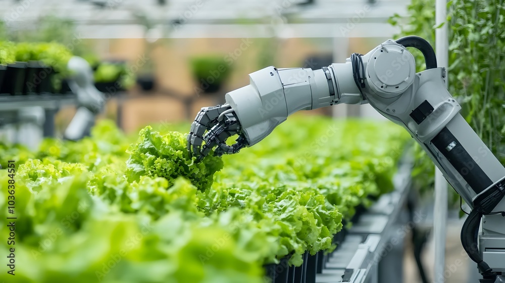 Smart farming agricultural technology Robotic arm harvesting hydroponic lettuce in a greenhouse. Smart farming agricultural technology Robotic arm harvesting hydroponic lettuce in a greenhouse.