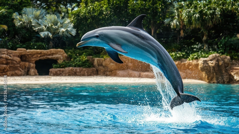 Obraz premium A dolphin jumping out of the water at an ocean park, illustrating marine life and agility