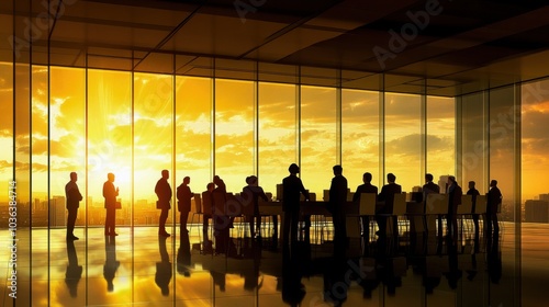 Silhouetted business meeting at sunset in modern office with panoramic windows, showcasing teamwork and collaboration.