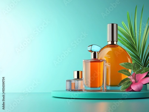 Elegant perfume display on aqua background photo