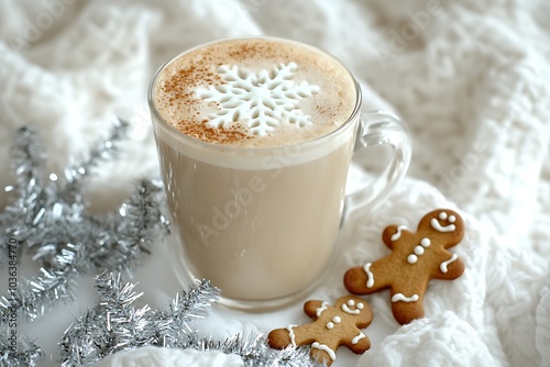 A beautiful cup of hot chocolate with gingerbread cookies on the side, with golden decorations and silver accents, in an elegant setting, with snowflakes and a white tablecloth photo