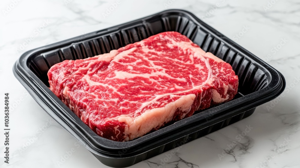 Fresh marbled steak in a black packaging on a marble surface. Fresh marbled steak in a black packaging on a marble surface.