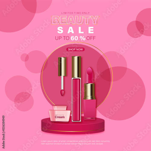 Cosmetics sale template design, premium cosmetic presentation, realistic lip gloss, lipstick and face cream gar on podium, vector illustration.