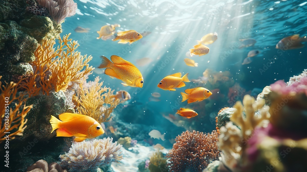 3D Golden Fish Swimming Through Pastel Coral Reef for Vibrant Ocean Decor