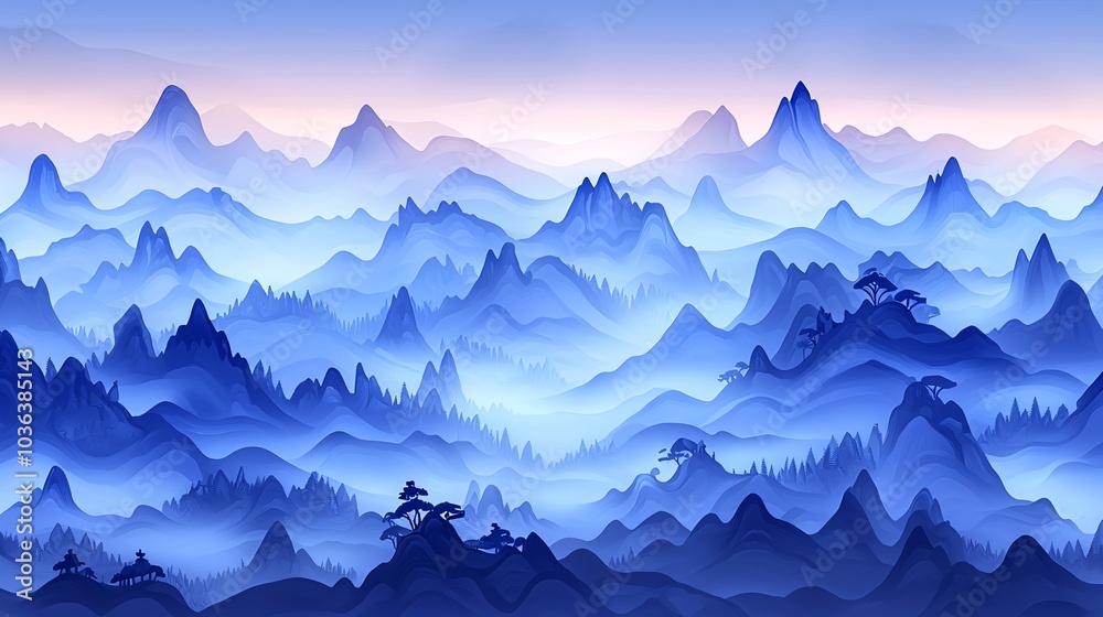 Serene Blue Mountain Landscape at Dawn Serene Blue Mountain Landscape at Dawn