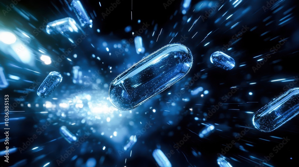 Naklejka premium Dynamic representation of capsules in motion, showcasing vibrant colors and effects against a dark background.