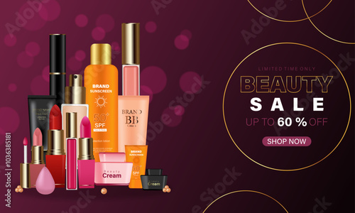 Cosmetics sale promotion  template design, Advertising template for online beauty store. beauty products vector illustration.