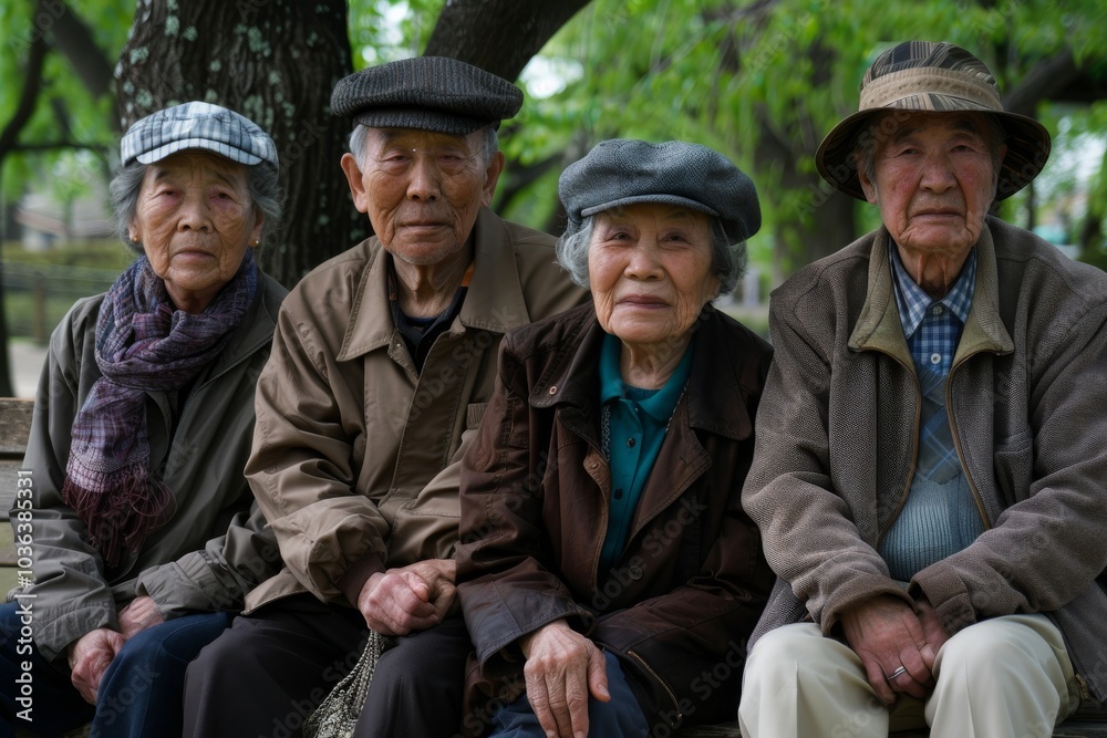 Group of elderly asian people sitting on the bench in the park Group of elderly asian people sitting on the bench in the park