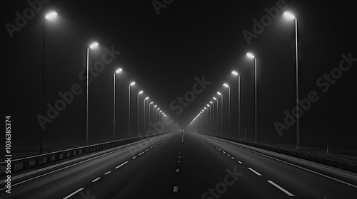 An empty highway stretching into the distance, illuminated by rows of tall streetlights. The smooth, unbroken pavement and faint glow of the lights create a quiet, almost surreal atmosphere. photo