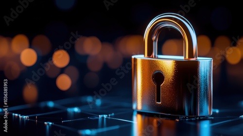 A modern padlock on a digital surface with blurred lights, symbolizing security and protection in the digital world.