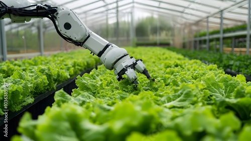 Smart farming agricultural technology Robotic arm harvesting hydroponic lettuce in a greenhouse. 