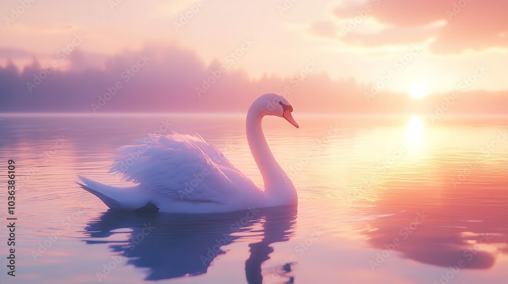 Fototapeta premium Serene 3D Graceful Swan Floating on a Glowing Lake Under a Soft Pastel Sky