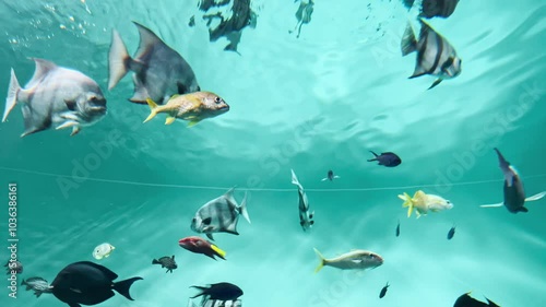 水槽内で泳ぐ熱帯魚の群れが水面に反射する