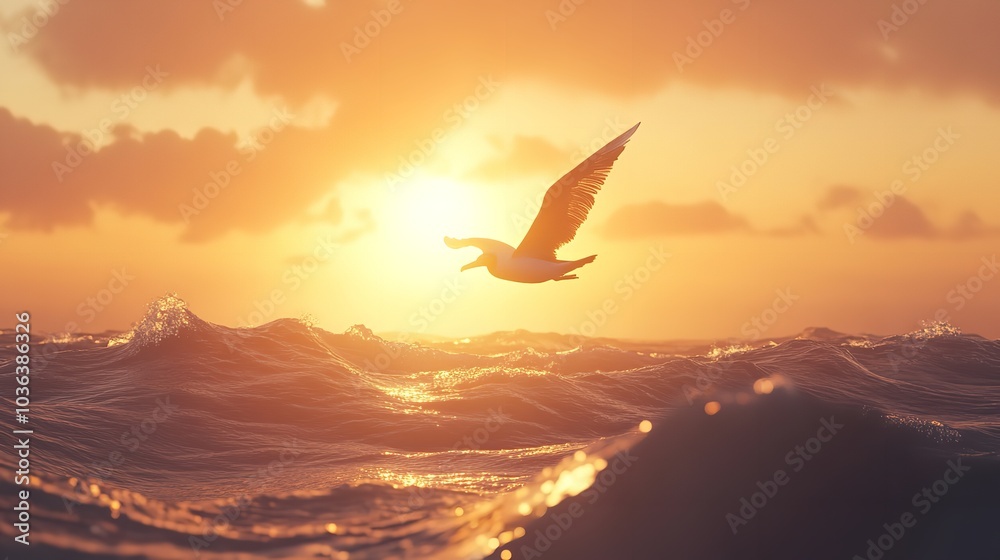 Naklejka premium 3D Majestic Albatross Flying Over a Glowing Ocean