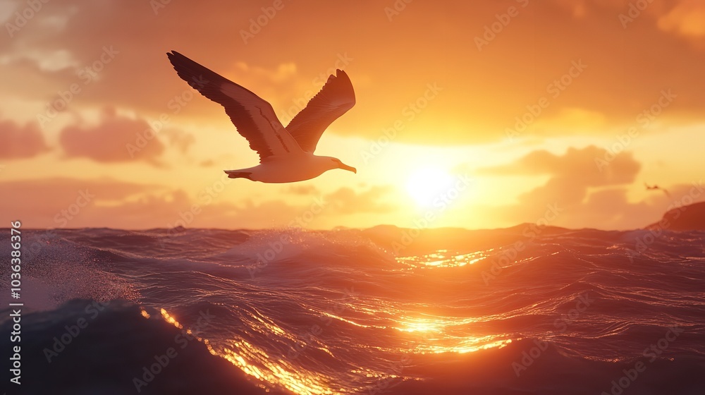 Naklejka premium 3D Majestic Albatross Flying Over a Glowing Ocean