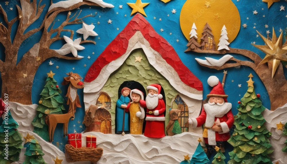 Fototapeta premium Vintage Santa and Christmas trees scene