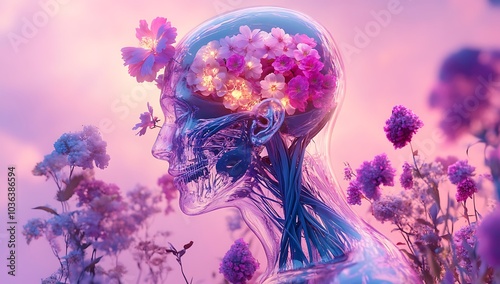 Abstract depiction of a transparent human head filled with vibrant flowers, symbolizing imagination and creativity. Set against a dreamy, colorful background, it evokes feelings of surrealism and wond photo