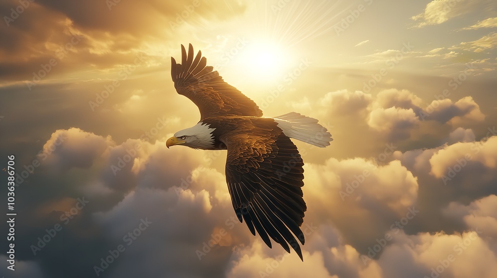 Fototapeta premium Majestic 3D Bald Eagle Soaring Through Dramatic Skies with Vibrant Pastel Colored Clouds