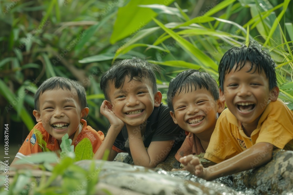 Group of happy asian kids smiling and playing at the waterfall. Group of happy asian kids smiling and playing at the waterfall.