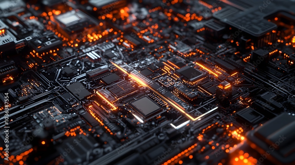 Glowing Circuit Board with Orange Lights Glowing Circuit Board with Orange Lights