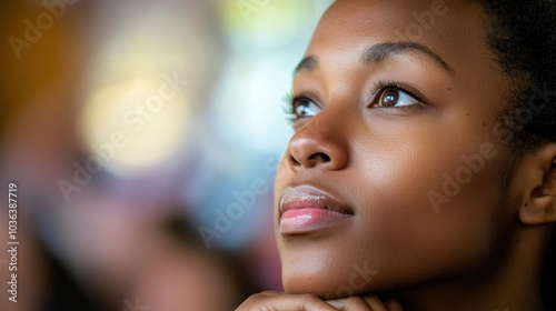 A close-up of a disciple listening intently during a spiritual lecture, emphasizing faith and devotion