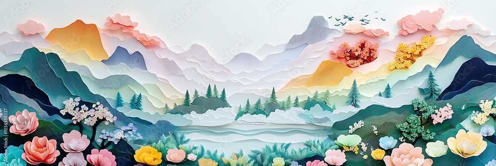 A vibrant and intricate paper art piece showcasing a peaceful mountain landscape with lush flowers and trees. The artwork captures nature's beauty through its delicate layers and harmonious colors. A vibrant and intricate paper art piece showcasing a peaceful mountain landscape with lush flowers and trees. The artwork captures nature's beauty through its delicate layers and harmonious colors.