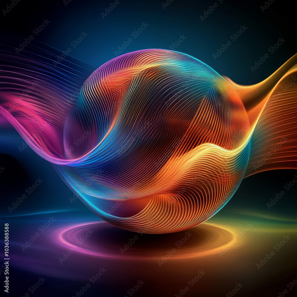 Vibrant Energy Sphere: Abstract digital art depicting a luminous sphere enveloped in flowing, multicolored lines, creating a dynamic and energetic visual. Vibrant Energy Sphere: Abstract digital art depicting a luminous sphere enveloped in flowing, multicolored lines, creating a dynamic and energetic visual.