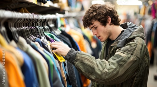 A shopper browsing a clothing rack with discount tags, illustrating bargain hunting and retail activities