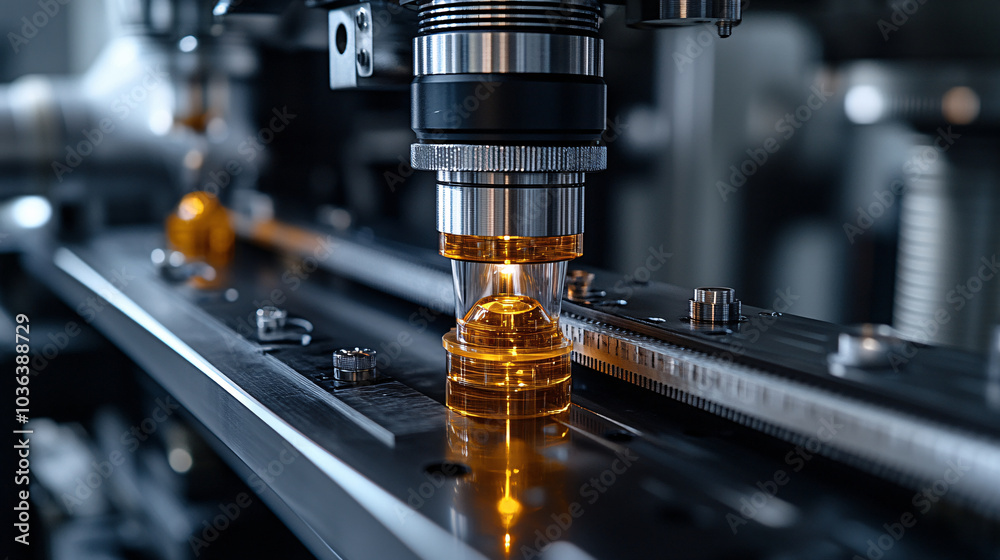 A high-tech machine with an orange glowing laser operates with precision, assembling small parts on a metallic production line A high-tech machine with an orange glowing laser operates with precision, assembling small parts on a metallic production line