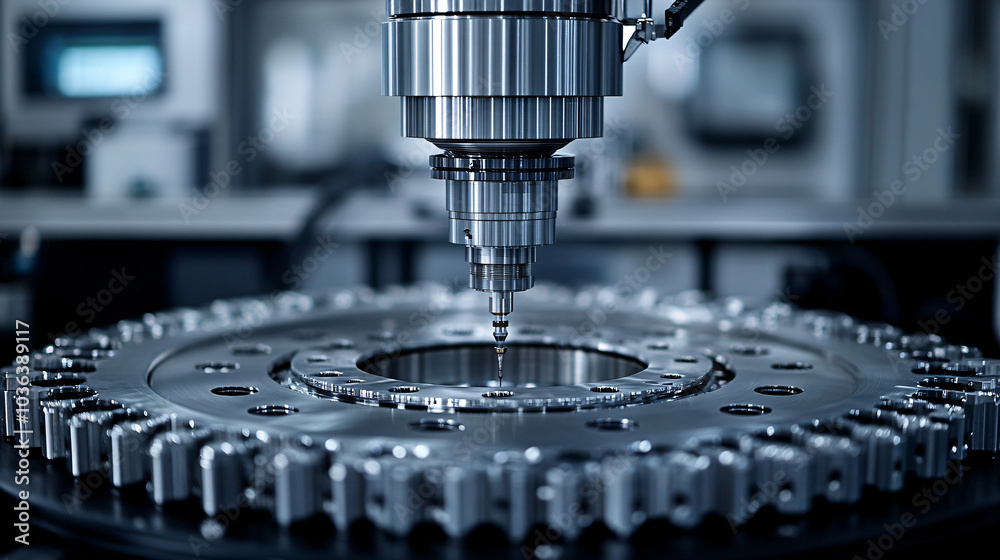 A precision machine drills into a circular metallic part in a high-tech environment, reflecting the advanced technology of the manufacturing process