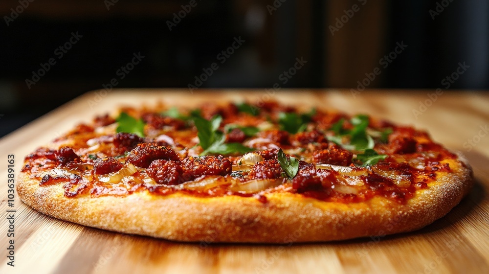 Delicious pizza with fresh toppings on a wooden surface. Delicious pizza with fresh toppings on a wooden surface.