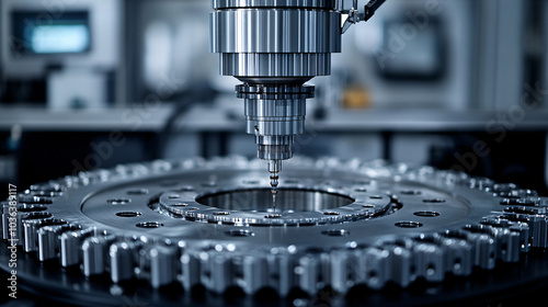 Obraz na płótnie A precision machine drills into a circular metallic part in a high-tech environment, reflecting the advanced technology of the manufacturing process w salonie