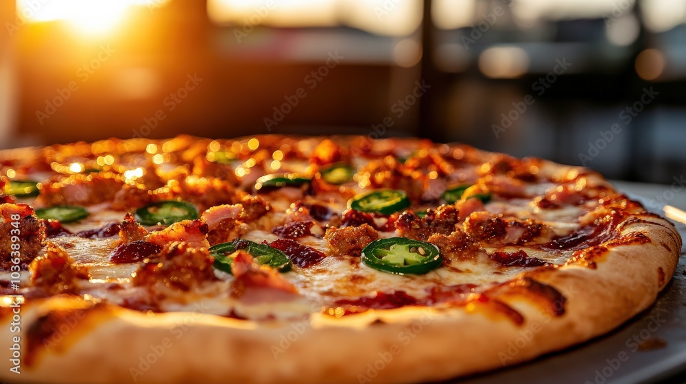 Delicious pizza with toppings on a table during sunset. Delicious pizza with toppings on a table during sunset.