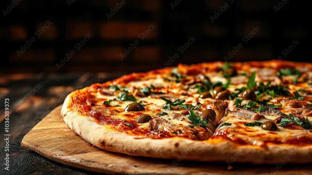 Delicious pizza with toppings on a wooden board, rustic background. Delicious pizza with toppings on a wooden board, rustic background.