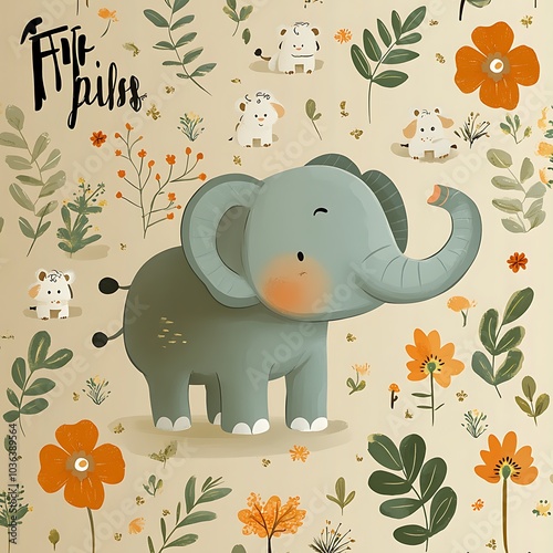 A cute cartoon elephant with large ears stands on a background of flowers and leaves. The elephant's trunk is raised up as if it is waving. photo