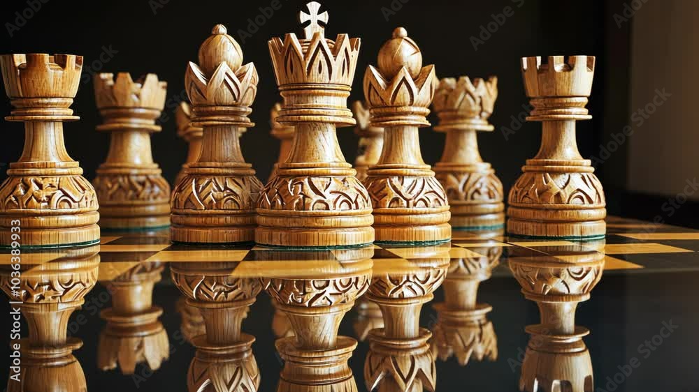 Carved wooden chess pieces are arranged on a board, reflecting in the glossy surface Carved wooden chess pieces are arranged on a board, reflecting in the glossy surface