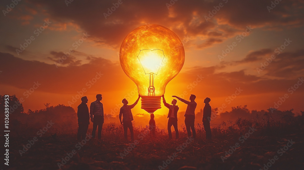 Fototapeta premium Silhouetted figures stand around an enormous glowing lightbulb at sunset, creating a mesmerizing scene of collective energy and enlightenment against a fiery sky
